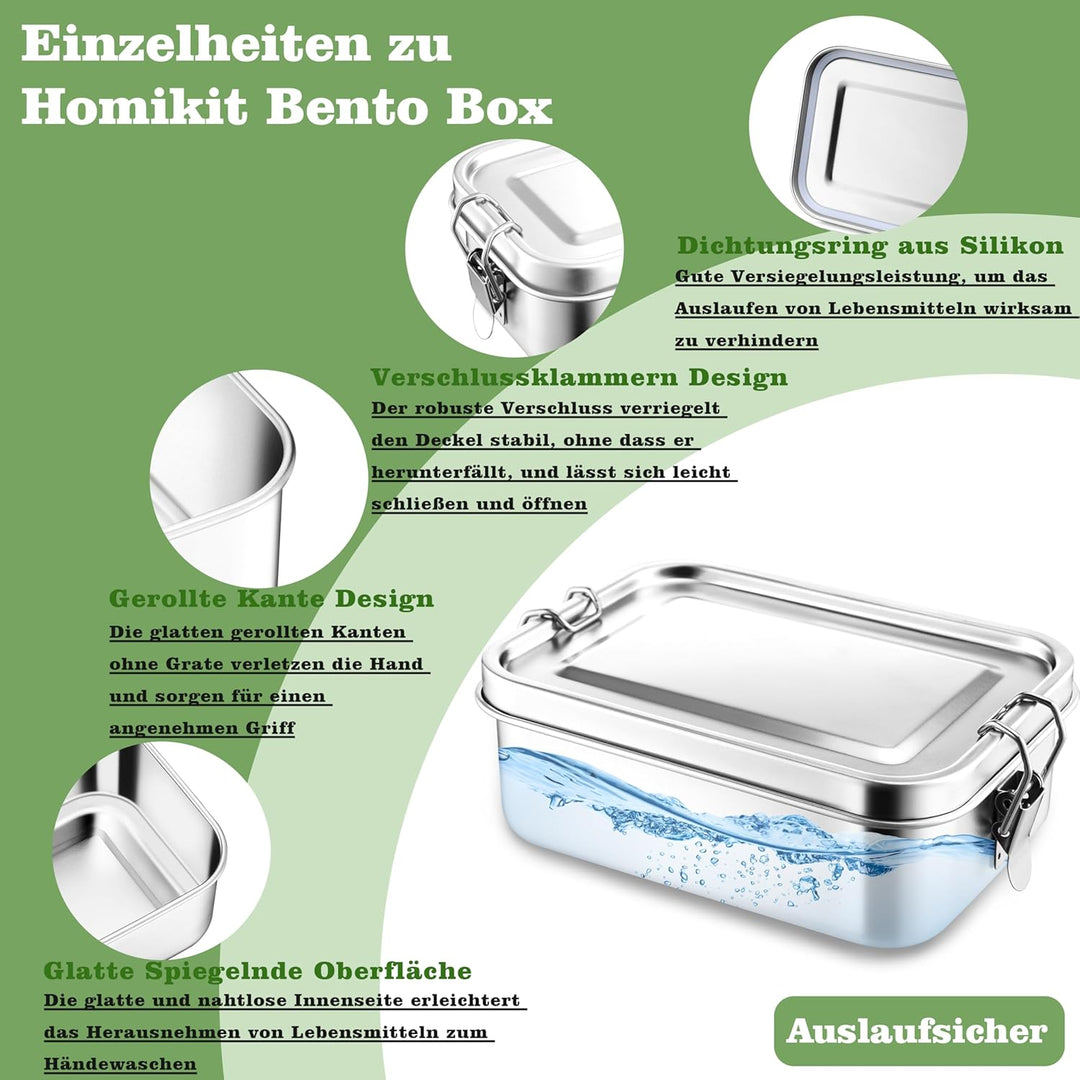 Homikit Brotdose mit Fächern, 2400ml Edelstahl Bento Box Lunchbox für Kinder & Erwachsene, Auslaufsi