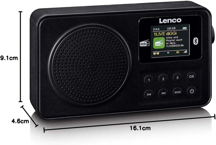 Lenco PDR-033BK DAB+ Radio tragbar – Bluetooth 5.3, FM, Akku, Farbdisplay, Wecker, Einschlaftimer, 3