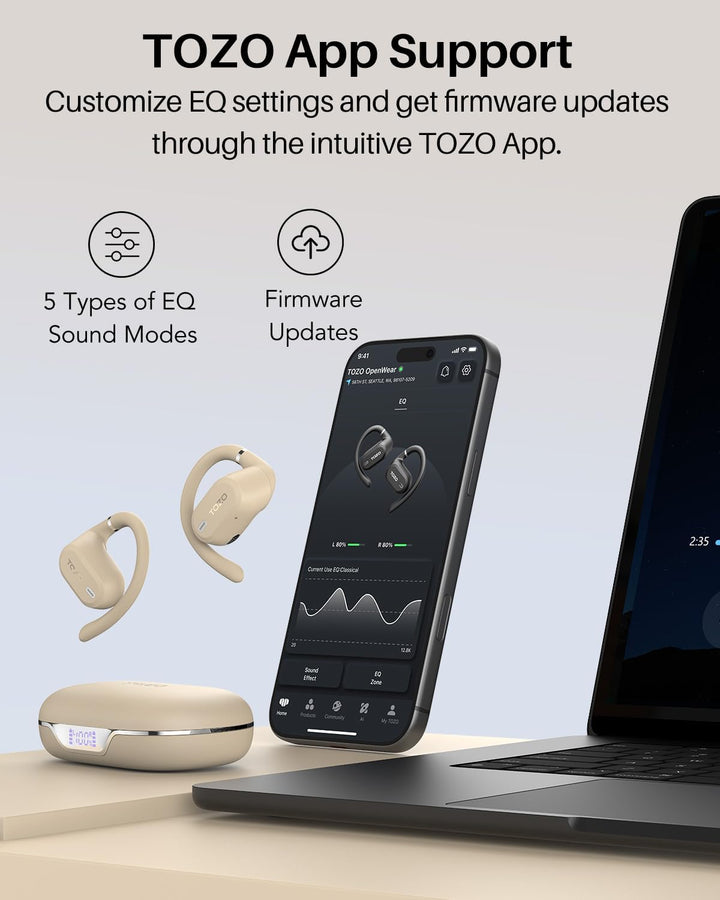 TOZO OpenWear Kabellose Bluetooth-Kopfhörer, ENC-Anrufe, 14,2mm Treiber, 38 Std Wiedergabe,LED-Anzei