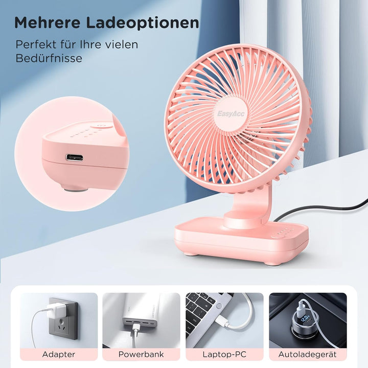 EasyAcc Tischventilator Batterie USB Ventilator 4000 Akku Klein Tragbarer 4 Geschwindigkeiten Ventil