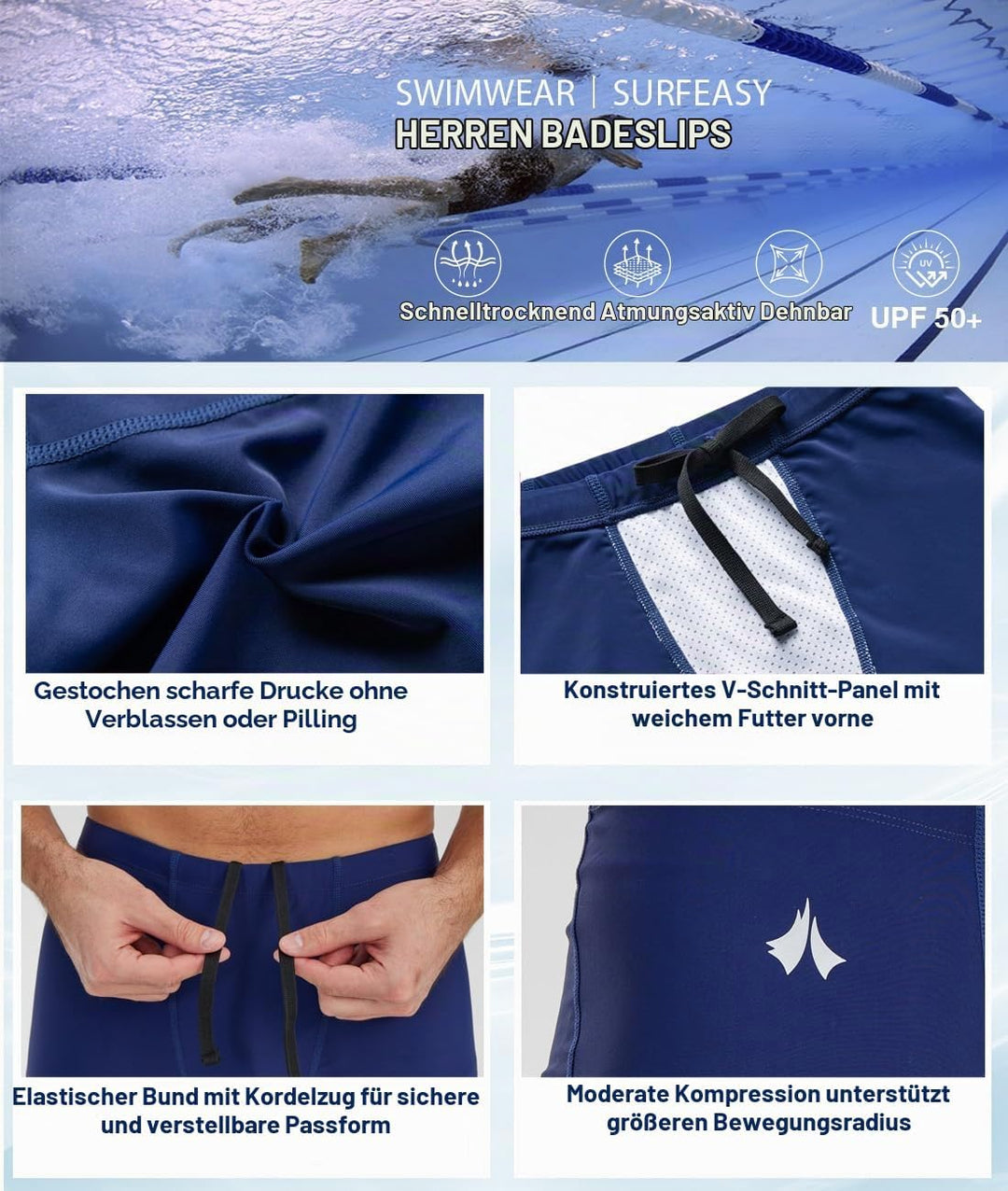 Herren Jammer Badehose Schnelltrocknende Schwimmhose mit V-Schnitt Training Wettkampf Badeanzug Dunk