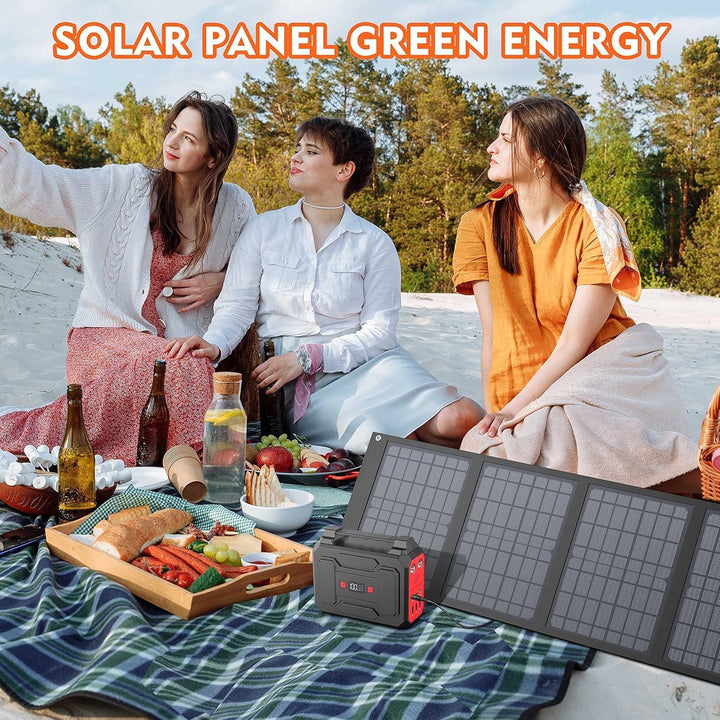 Powkey Solargenerator R100 mit 40W Solarpanel, 99Wh Akku Tragbare Powerstation, 100W AC/18W USB-C Au