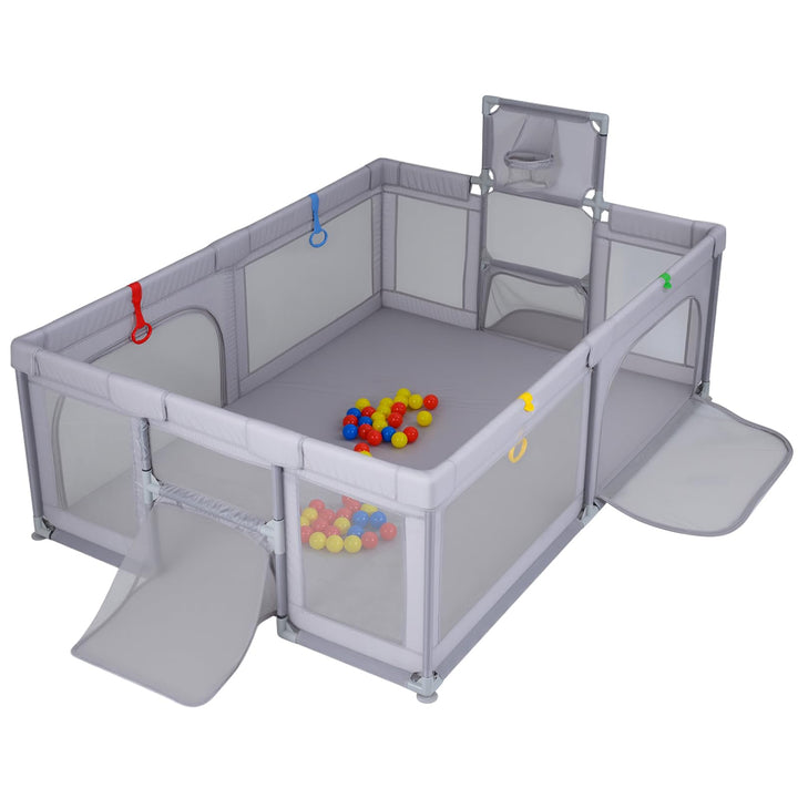 DREAMADE Laufstall baby, Laufgitter mit Matratze & Basketballkorb & Zugring, Schutzgitter mit Rutsch