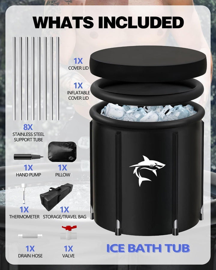 Eisbaden Tonne mit Kühlsystem (80 cm Ø) XL, Eistonne Eisbaden mit 8 Edelstahlstangen, Sporttasche/Hi