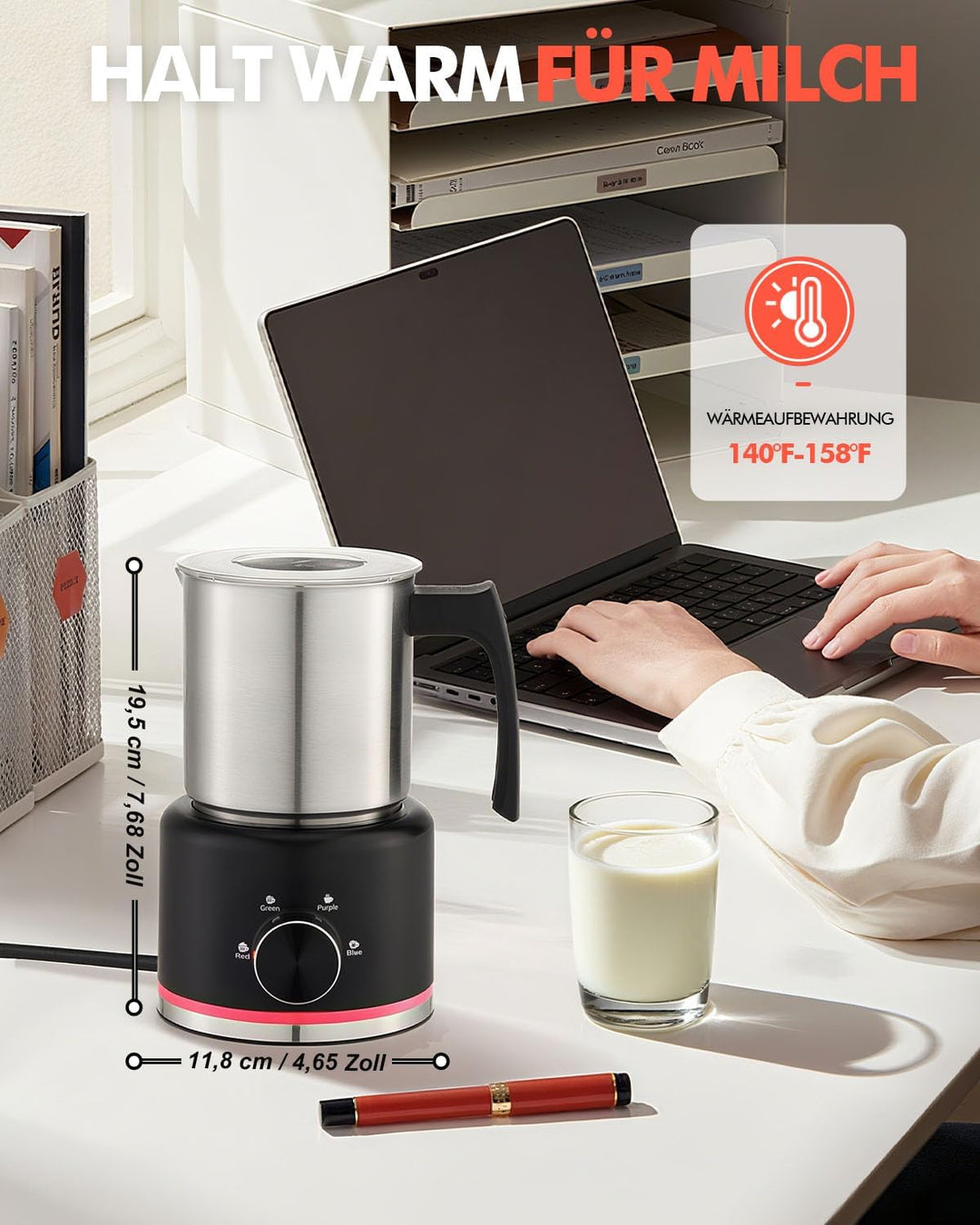 Automatischer Milchaufschäumer Elektrisch 4-in-1, 650ML Edelstahl Milchschäumer mit Auto-Abschaltung