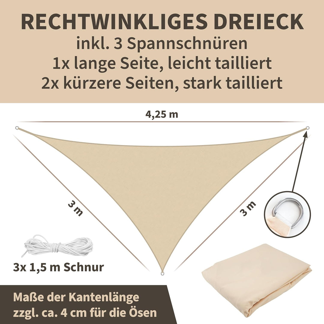 TTL GARDEN 3x3x4,25m Sonnensegel Dreieck rechtwinklig Sand-beige - Premium Polyester 300D 160g/m² 93