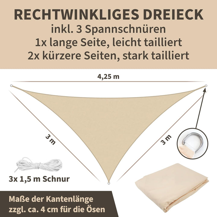 TTL GARDEN 3x3x4,25m Sonnensegel Dreieck rechtwinklig Sand-beige - Premium Polyester 300D 160g/m² 93