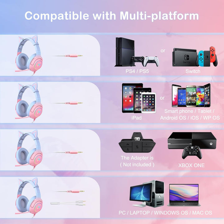 PHNIXGAM Gaming-Kopfhörer FÜR PS4, PS5, Xbox One (Ohne Adapter), Kabelgebundene Kopfhörer Mit Katzen