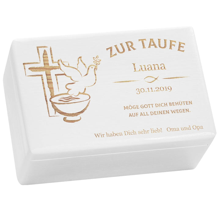 LAUBLUST Holzkiste mit Gravur - Personalisiert mit Name | Datum | WIDMUNG - Weiss, Grösse M - Friede