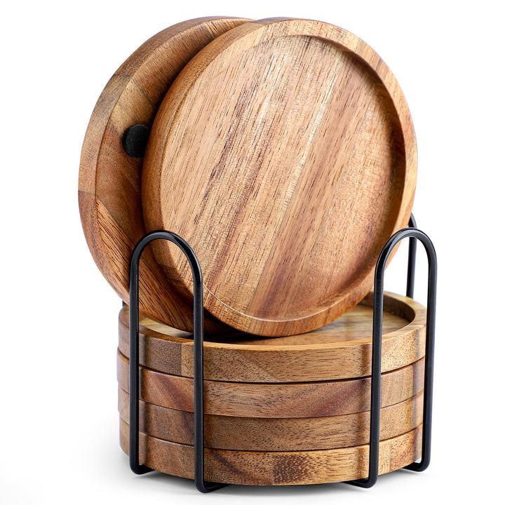 Untersetzer Holz Rund für Gläser 6er Set, Untersetzer aus Akazienholz mit Halter, Glasuntersetzer fü