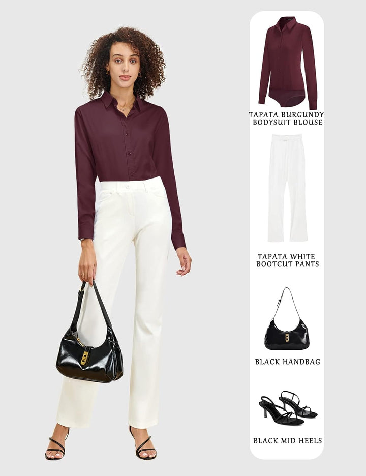 Tapata Damen-Bodysuit-Bluse mit Knöpfen, einteilig, langärmlig, solides Büroarbeitshemd, lässige Obe