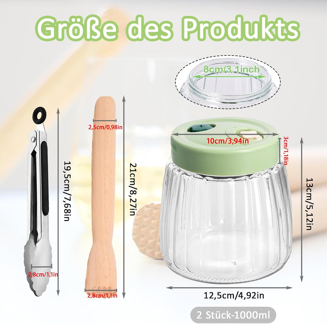 2 Stück 1L Fermentiergläser mit Doppelventil, Luftdichte Einmachgläser aus Glas, Fermentierglas, Fer