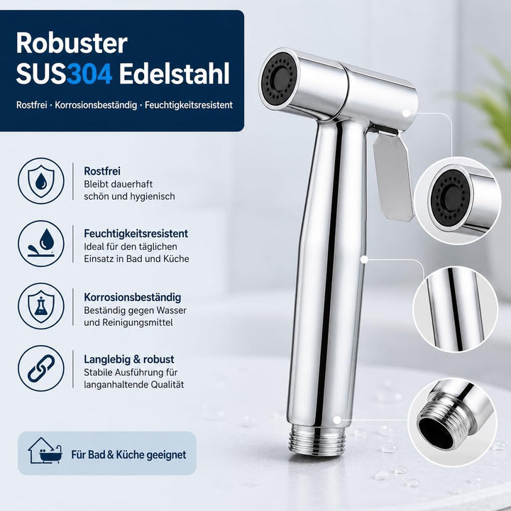 Bidet Handbrause Set aus 304 Edelstahl, Toilettensprühgerät mit G1/2-Zoll T-Adapter, 1,5m Brauseschl