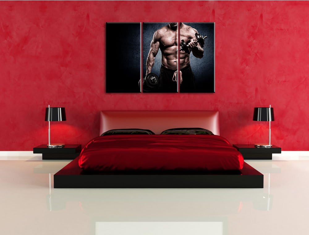 Starker Bodybuilder mit Hantel als 3-Teiler Leinwandbild 120x80 Bild auf Leinwand, XXL riesige Bilde