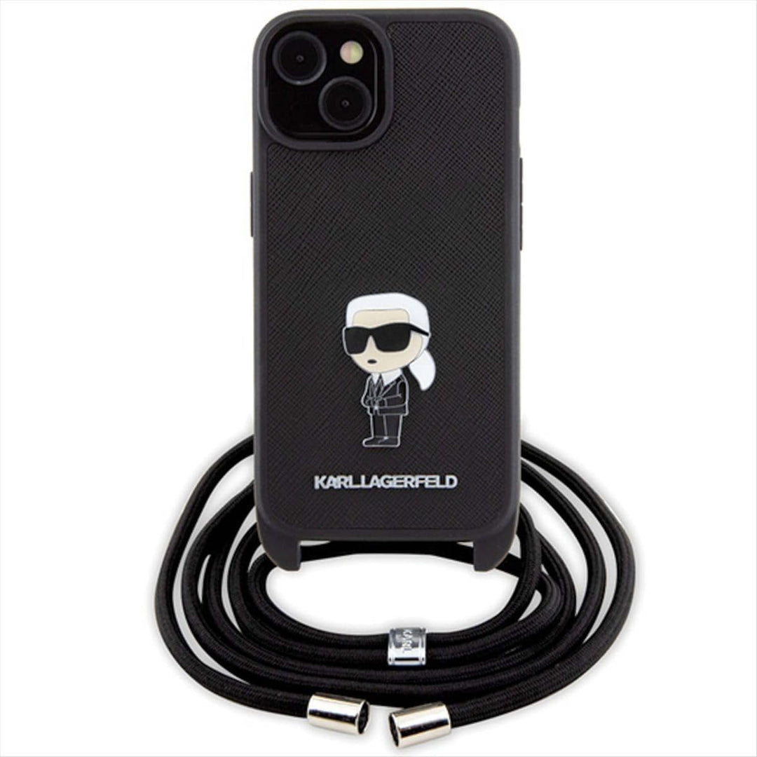 KARL LAGERFELD KLHCP15SSASKNPSK Hülle für iPhone 15 6.1" hardcase Schwarz Crossbody Saffiano Monogra