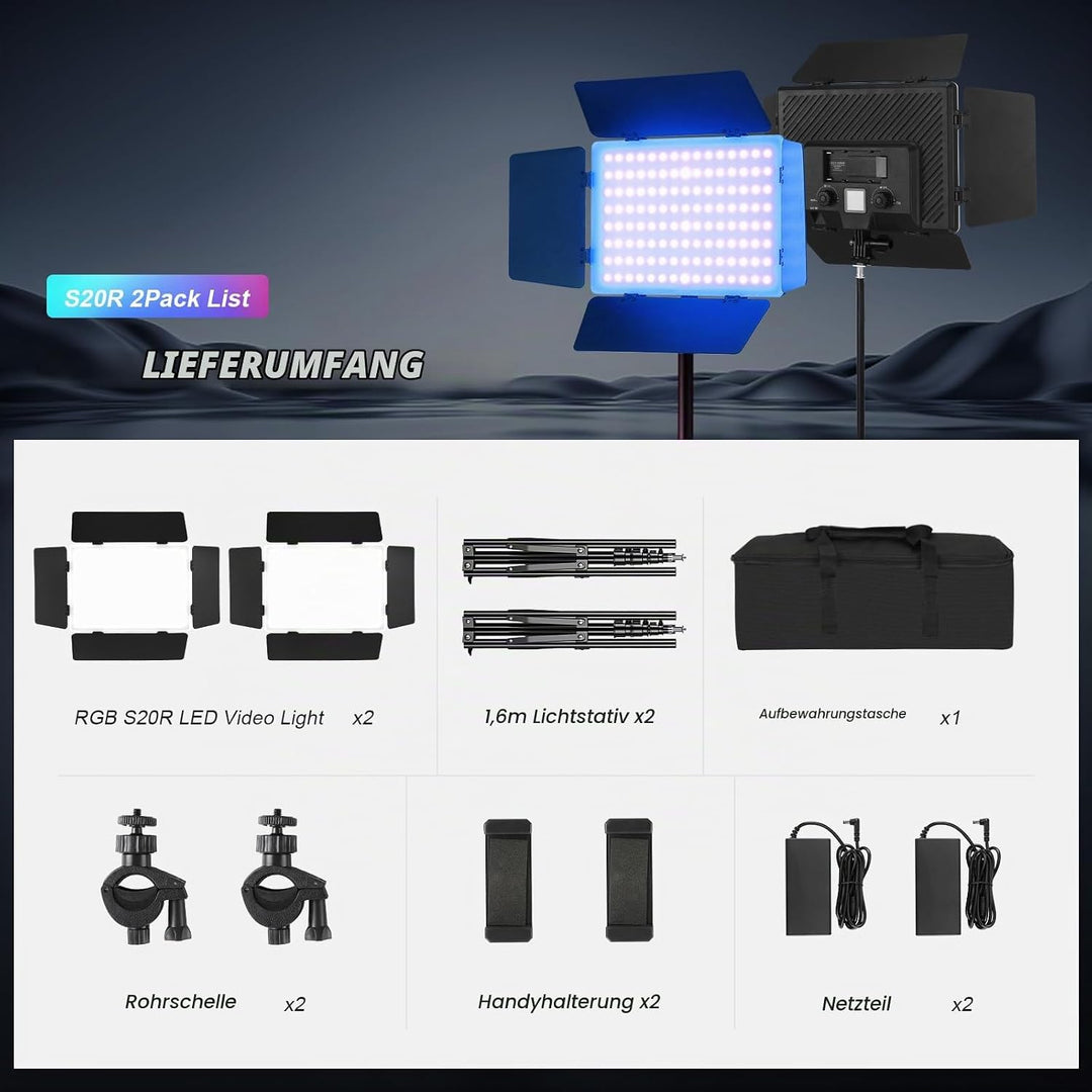 Soonpho 2-Pack RGB LED VideoLicht Set Panel Videoleuchte Barn Door 2500–8500K Dimmbare 20W Light Fot