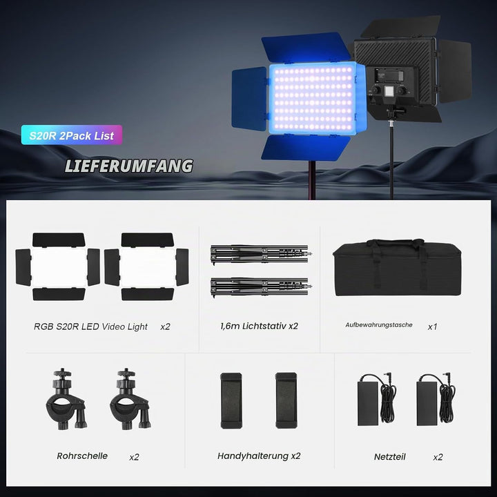 Soonpho 2-Pack RGB LED VideoLicht Set Panel Videoleuchte Barn Door 2500–8500K Dimmbare 20W Light Fot