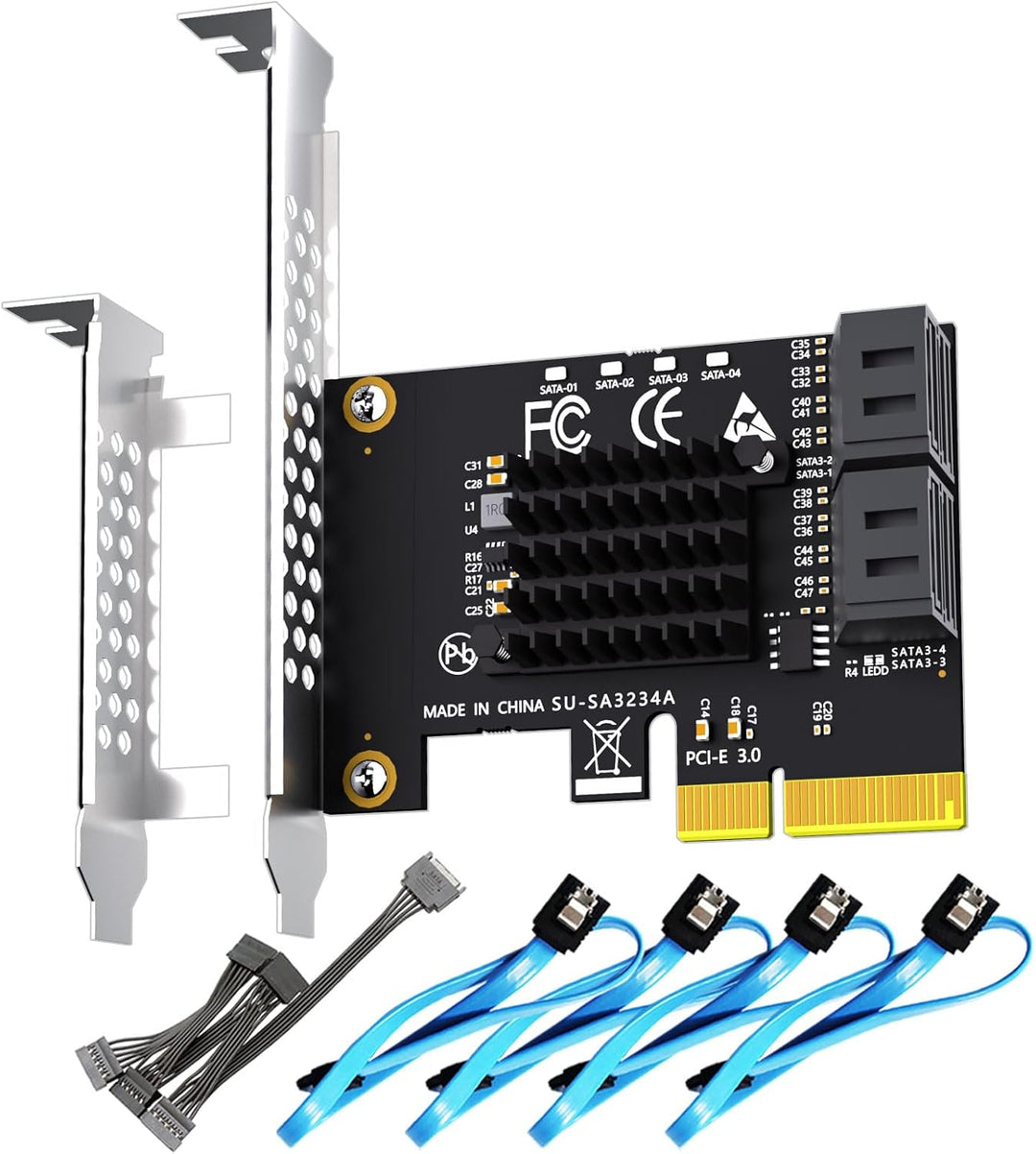 GLOTRENDS SA3234-C 4-Port PCIe X4 SATA Erweiterungskarte mit SATA- und Stromkabeln, kompatibel mit W