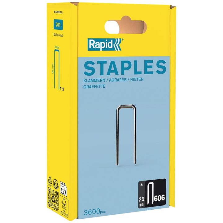 Rapid Tackerklammern Typ 606, 25mm Klammern, 3.600 Stk. Kunststoffbox, Schmalrückenklammern für Holz