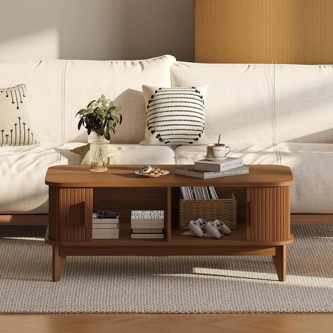 YOUDENOVA Couchtisch Holz mit Stauraum,Modern Wohnzimmertisch mit Schiebetüren im Tambour-Design,Bei