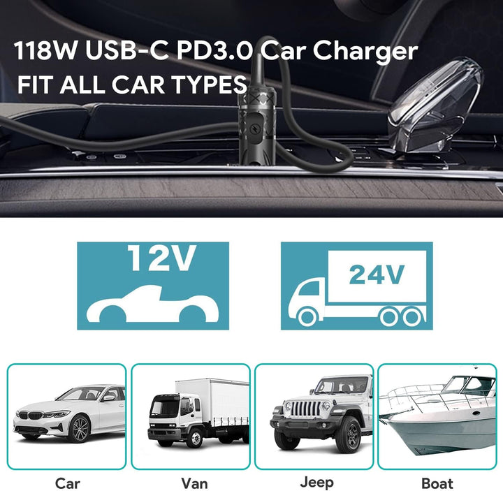 KFD 118W USB-C KFZ Ladegerät Auto Ladekabel DC 12V-24V Netzteil für MacBook Air Pro, Dell XPS, HP Sp