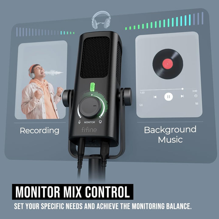 FIFINE Low-Cut Mikrofon Profile3, USB-Kondensatormikrofon mit Monitor-Mix-Lautstärkeregelung für Stu