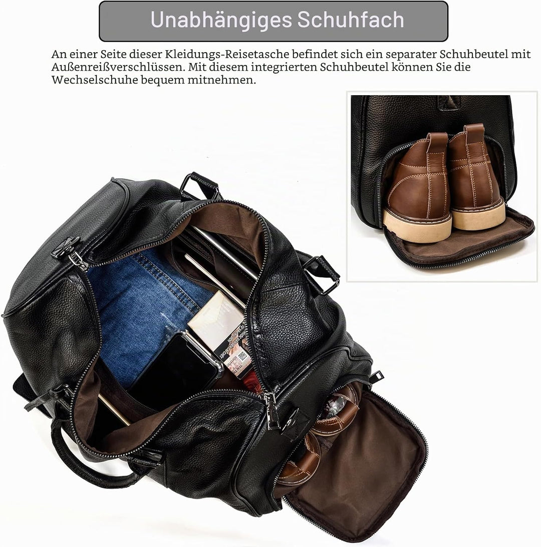 Luufan Unisex Leder Reisetasche Vintage Reisetasche Schwarz, Schwarz