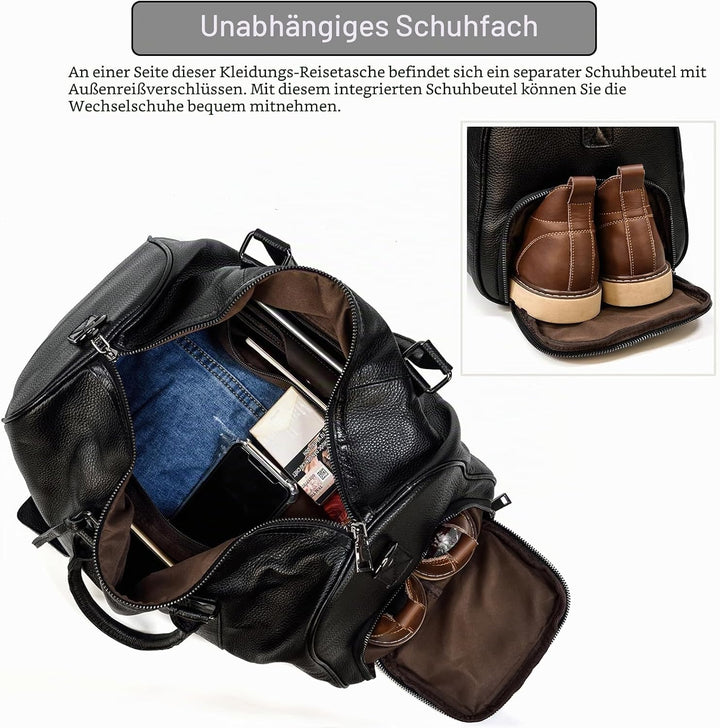 Luufan Unisex Leder Reisetasche Vintage Reisetasche Schwarz, Schwarz