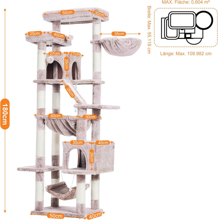 Heybly Kratzbaum, 180 cm Hoher Katzenturm für Wohnungskatzen mit 2 Plattformen, 2 Grossen Schlafhäus