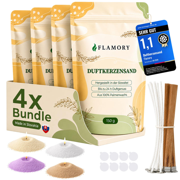 Kerzensand mit Duft Wellness Set 4x150g – [Vanille/Kokos/Lavendel/Sandelholz] – 12 Dochte inklusive