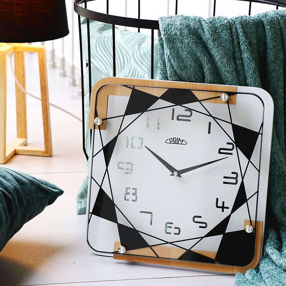 PRIM Modern White Wooden Wall Clock - Wanduhr 30CM, Moderne quadratische Wanduhr. Holzwanduhr mit Mu