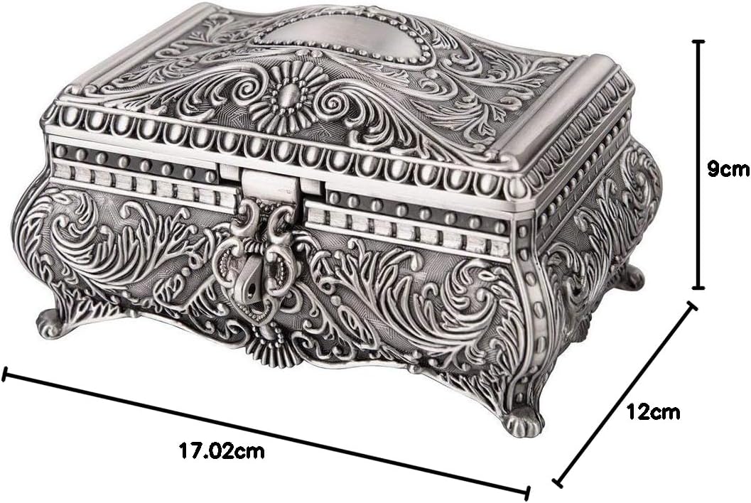 Feyarl Antik Schmuckkästen Metallic Floral Gravur Rechteck Aufbewahrung Box mit Unterteilung Silber