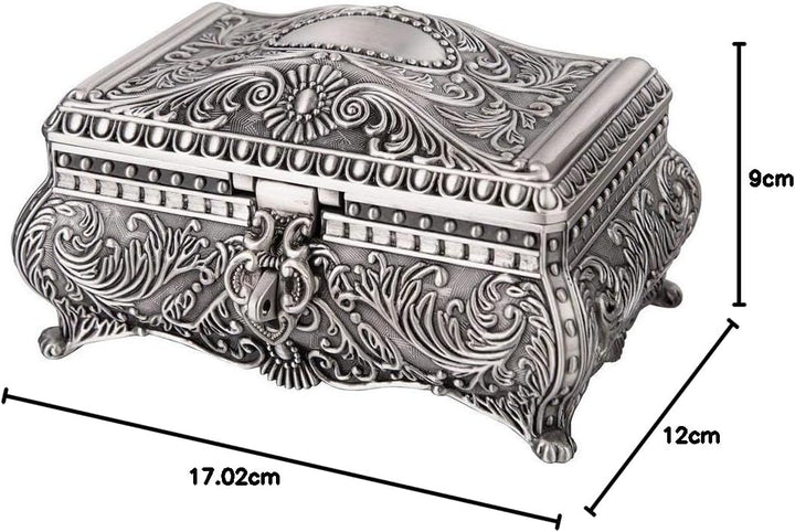Feyarl Antik Schmuckkästen Metallic Floral Gravur Rechteck Aufbewahrung Box mit Unterteilung Silber