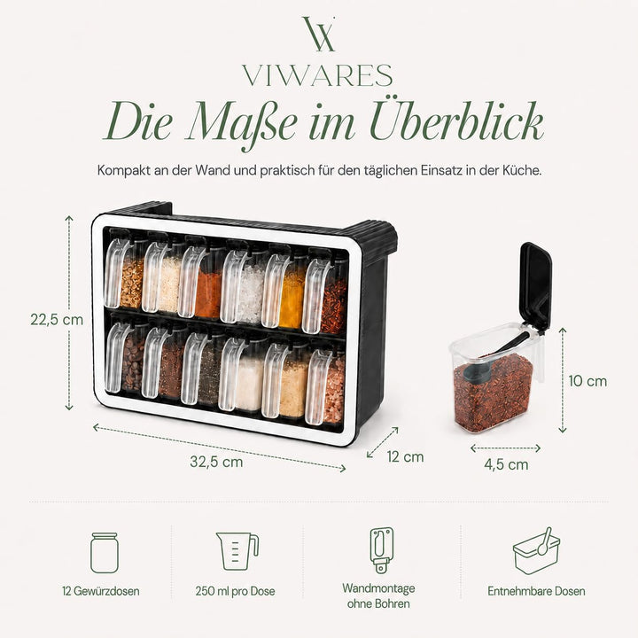 Gewürzdosen 12er Set mit Wandhalterung und Löffeln, Luftdicht, BPA-frei, Transparent, Gewürzdosen fü