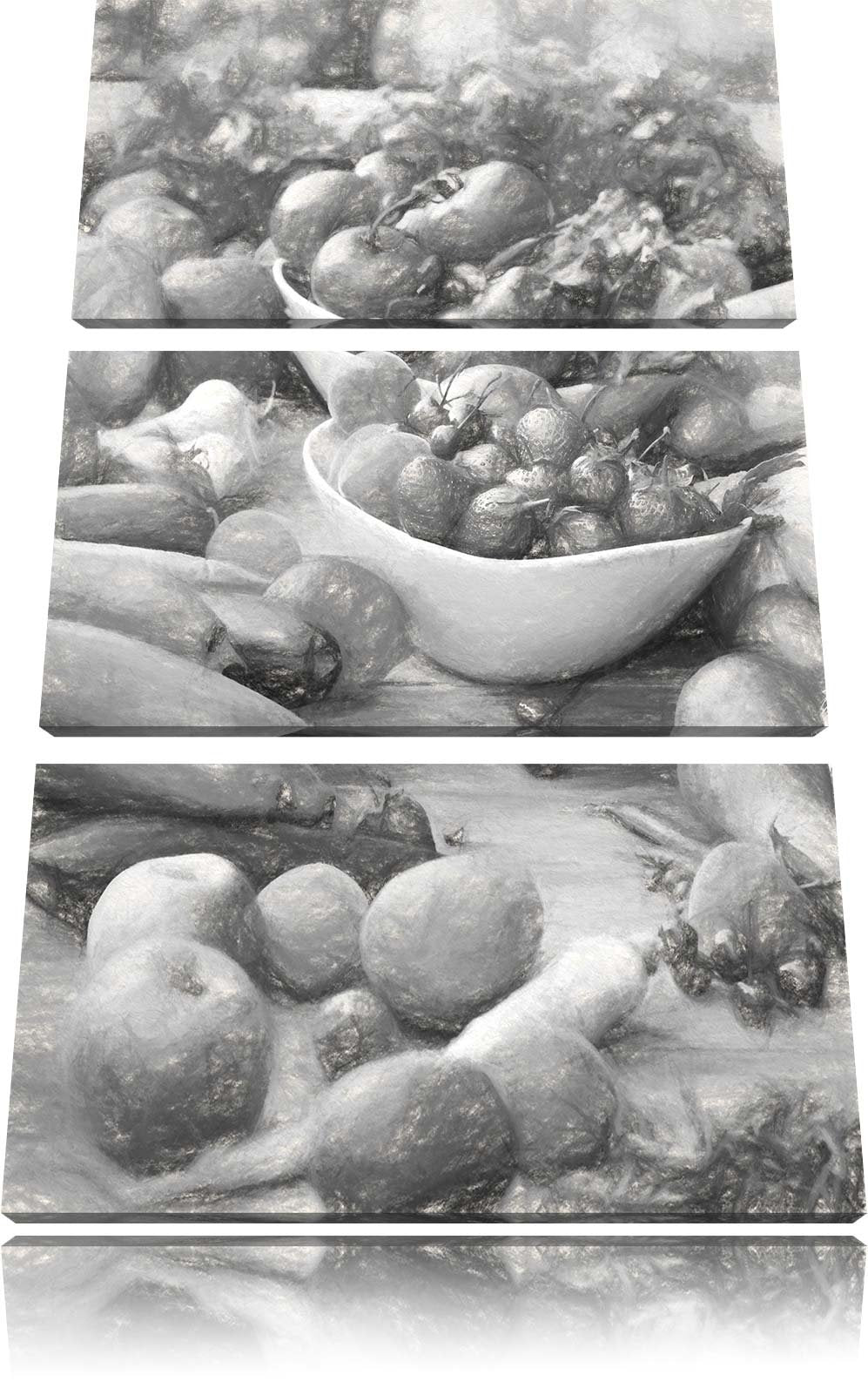 Pixxprint Buntes Obst und Gemüse Kohle Zeichnung Effekt 3-Teiler Leinwandbild 120x80 Bild auf Leinwa