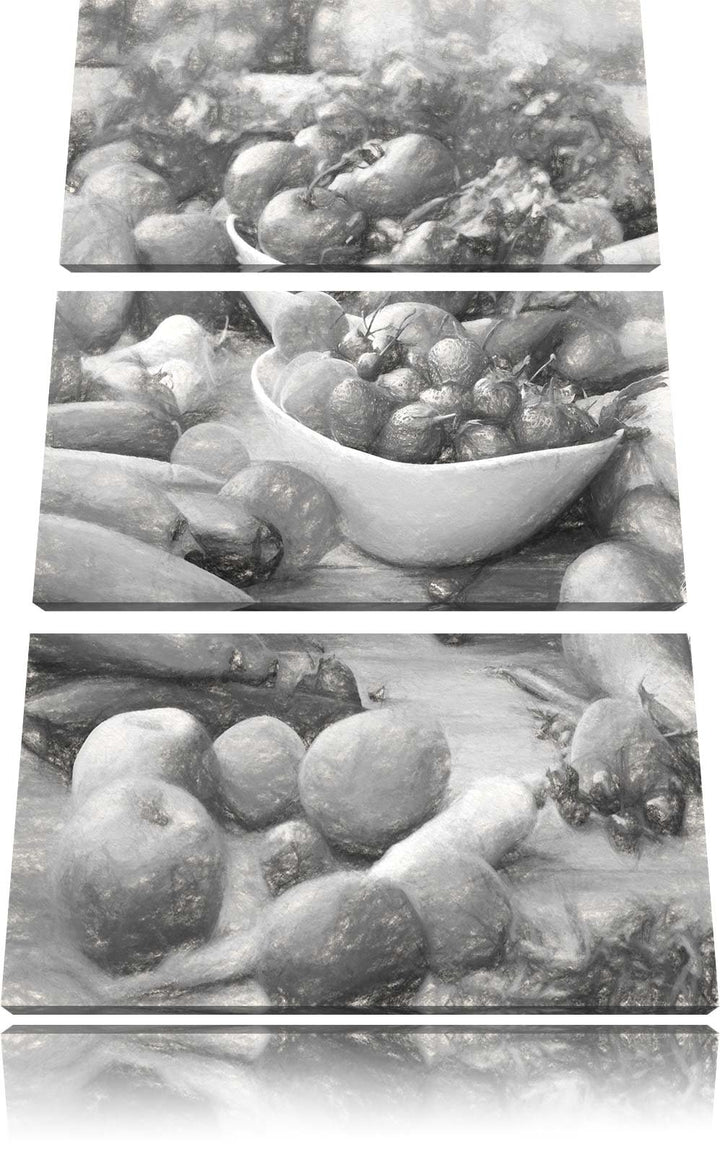 Pixxprint Buntes Obst und Gemüse Kohle Zeichnung Effekt 3-Teiler Leinwandbild 120x80 Bild auf Leinwa