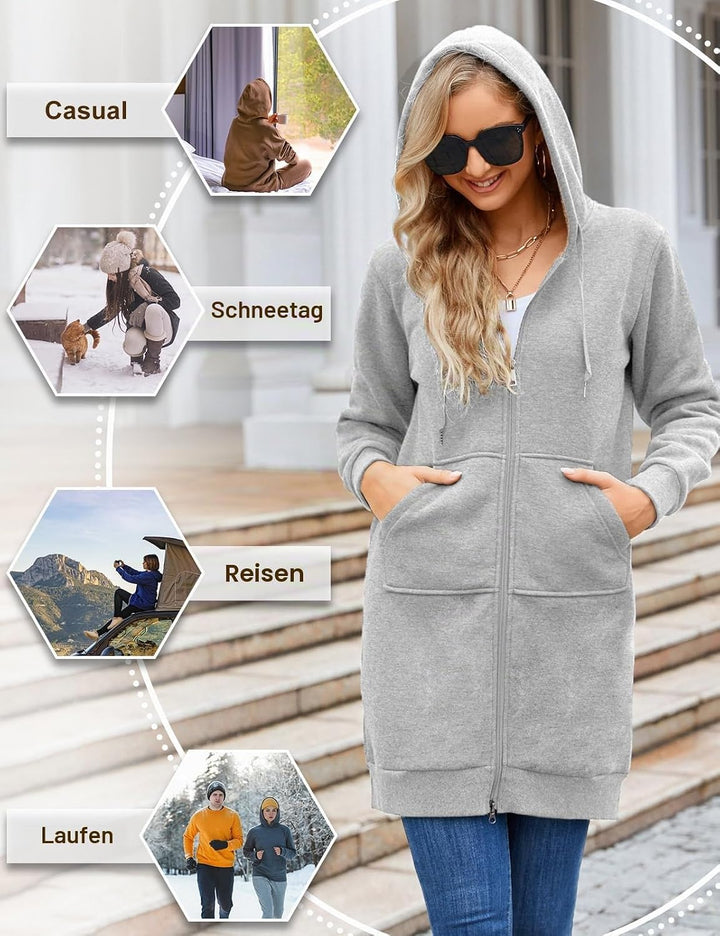 Nadeer Damen Mantel Plüschjacke mit Kapuze Lang Gefüttert Hoodies Plüsch Reissverschluss Mittellang