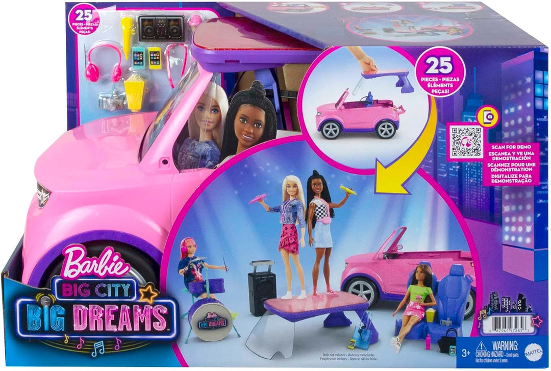Barbie Big City Big Dreams, Auto Cabrio, 2:1 verwandelt Sich in Bühne, inkl Zubehör für Konzerte wie