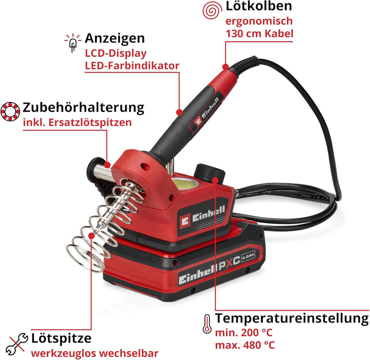 Einhell Akku-Lötkolben TE-SI 18/480 Li E PXC (18 V, 200 °C - 480 °C, zum Weichlöten, LCD-Display, in