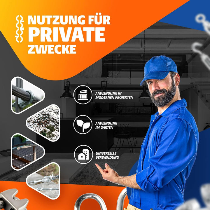 25m DRAHTSEIL SET 6mm 6x19+FC + 4 x SEILKLEMMEN 6mm DIN 741 + 2 x KAUSCHE 6mm verzinkt Stahlseil For