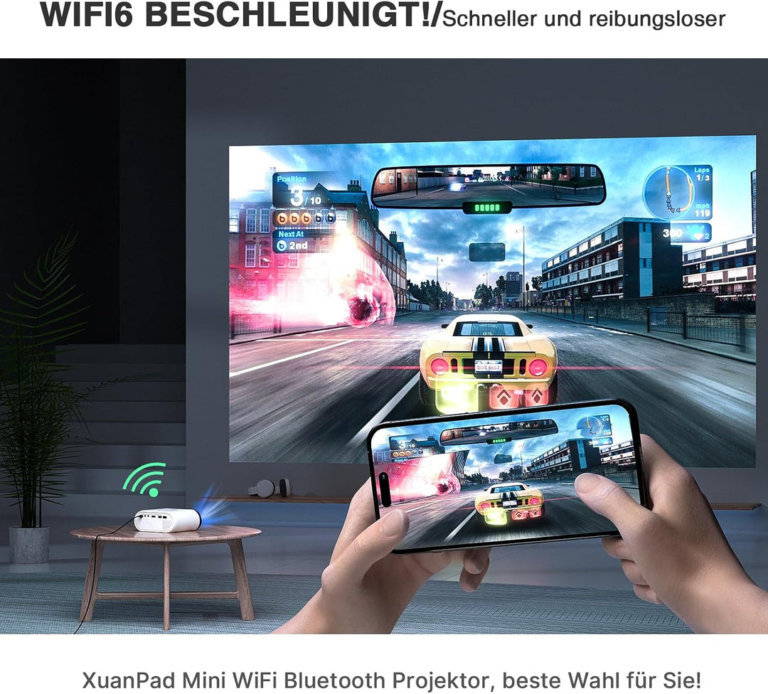 Mini Beamer WiFi Bluetooth, XuanPad 20000L Beamer Klein mit Stativ unterstützt Full HD 1080P, 50% Zo