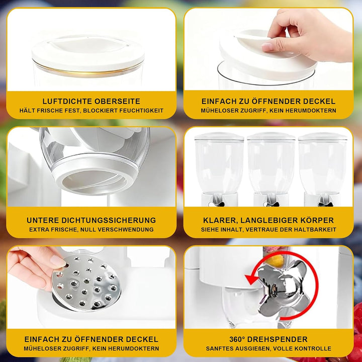 Müslispender 3er Set – 6 Liter Getreidebehälter mit 2 Aufbewahrungsboxen, 8 Etiketten & 2 Löffel, Ro