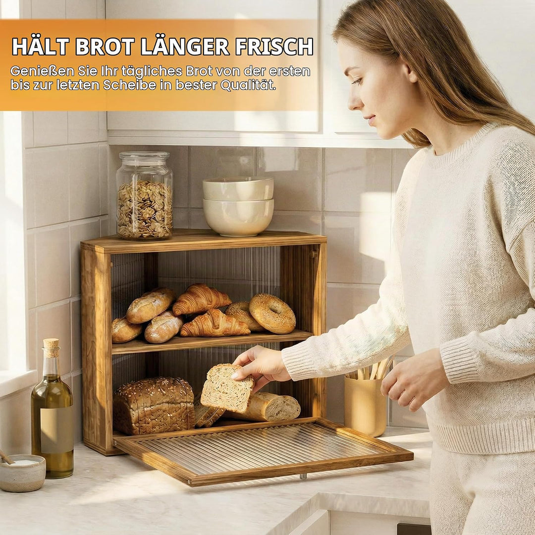 Brotkasten, 2 Etagen Holz Brotaufbewahrung, Gross Brot-Aufbewahrungsbox, Luftdichte Brotbox, Brothal