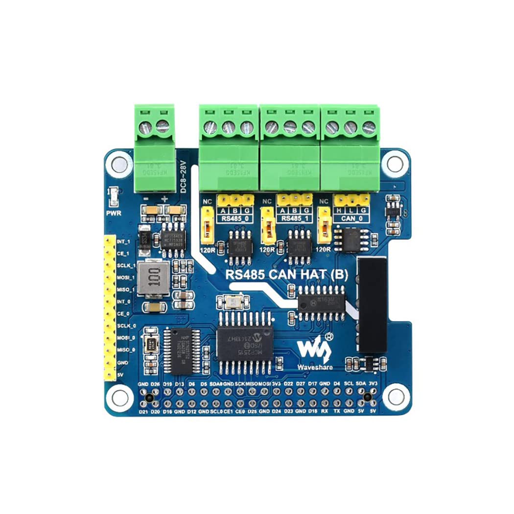 Isolated RS485 CAN HAT (B) for Raspberry Pi Series, SPI Communication, 2-Ch RS485 and 1-Ch CAN, Conv