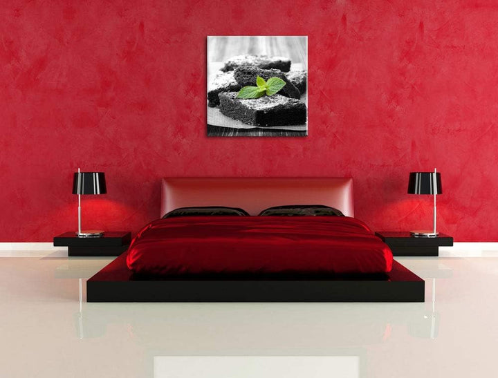 Pixxprint köstlicher Brownie mit Minze als Leinwandbild Quadratisch| Grösse: 70x70 | Wandbild| Kunst