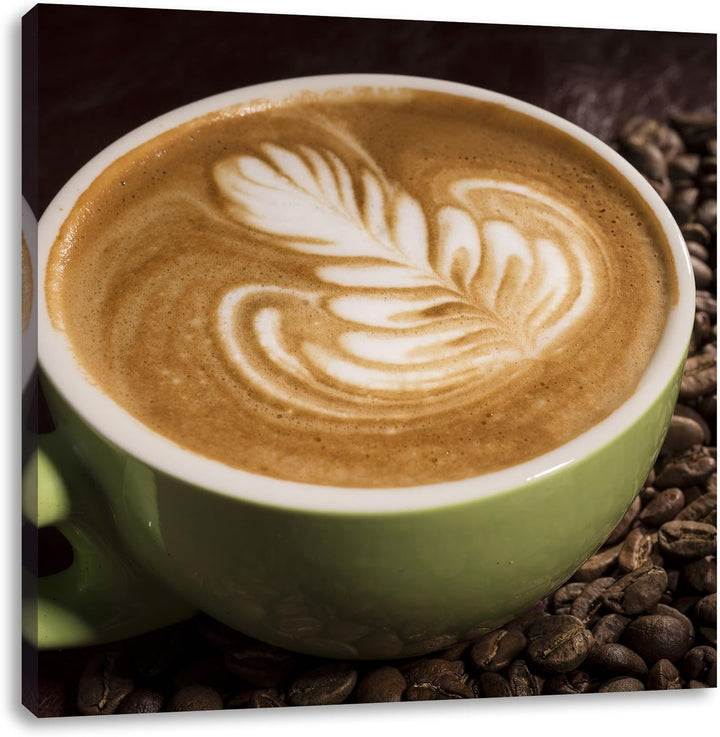 Pixxprint Cappucino zwischen Kaffeebohnen / 70x70cm Leinwandbild bespannt auf Holzrahmen/Wandbild Ku