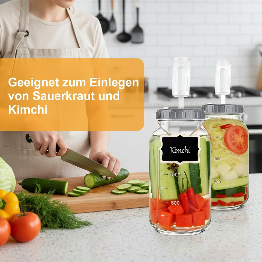 Fermentierglas 2 Stück 2L, 64oz Kimchi Behälter mit Luftschleuse und Gewicht, Breiter Mund Fermentie