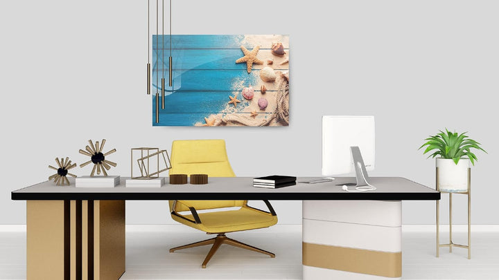 ALLboards Glas Magnettafel MUSCHELN BLAUES HOLZ SAND SEIL 90x60cm Glasbild Memoboard aus Glas Glasta