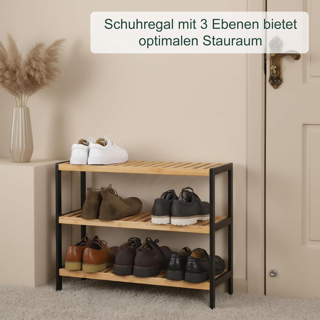 Relaxdays Schuhregal, HxBxT: 55 x 70 x 26 cm, Bambus, 3 Ebenen, 9 Paar Schuhe, Schuhständer Gitterab