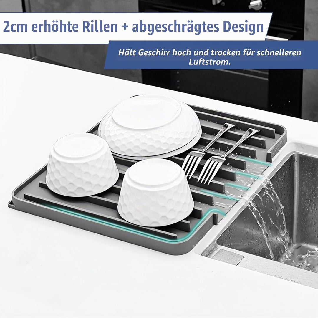 Silikon Abtropfmatte Geschirr, Grau, 40x33x2cm | Ohne Falten, Schrägdesign mit Ablauföffnung, Hitzeb